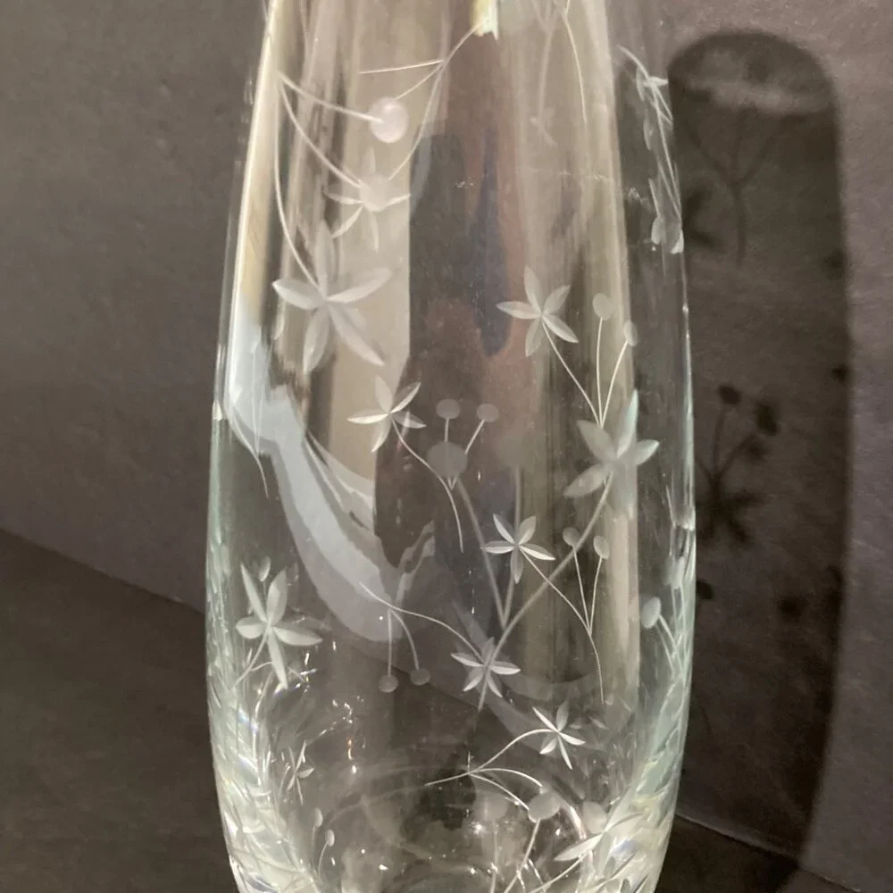 Krosno Poland Etched Glass Vase Minimalist Floral Pattern Polish Crystal